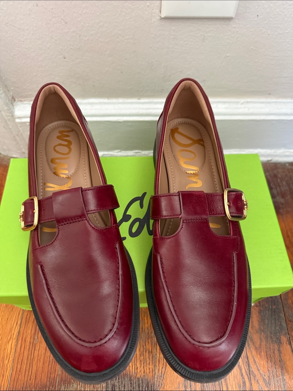 Sam Edelman Burgundy Leather Mary Jane Loafers with Gold Buckle size 8.5